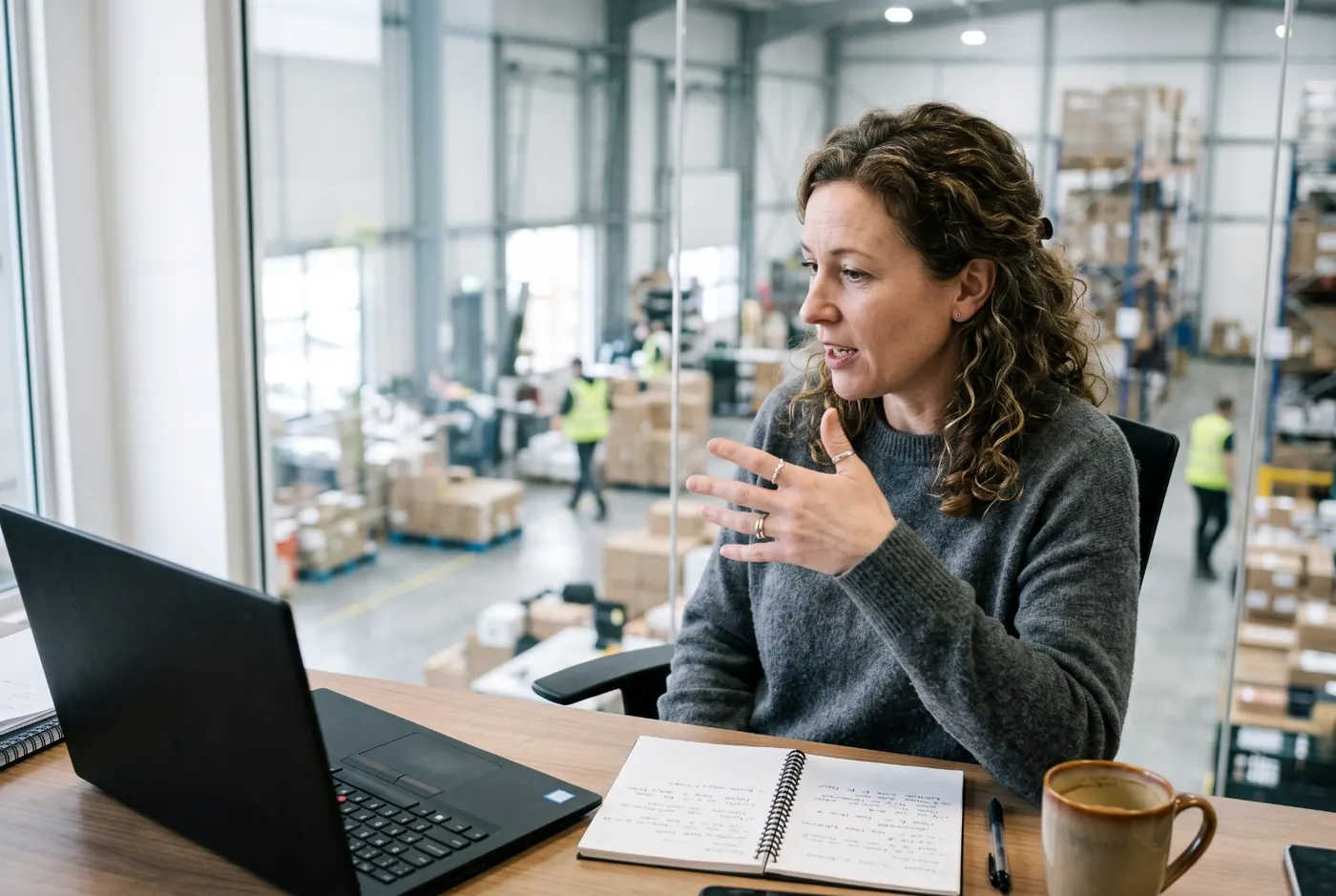 A business owner talks about her company on a video call, with her warehouse floor behind her.