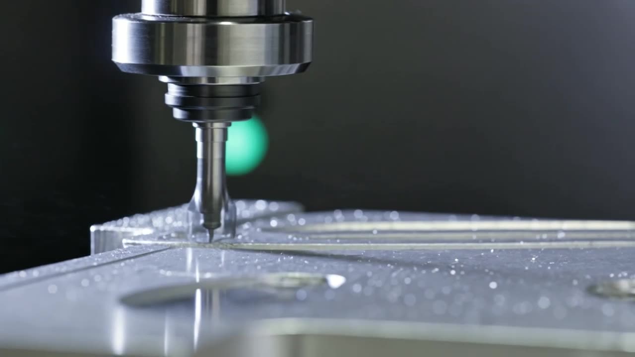 A cutting tool mills a metal part on a CNC machine.