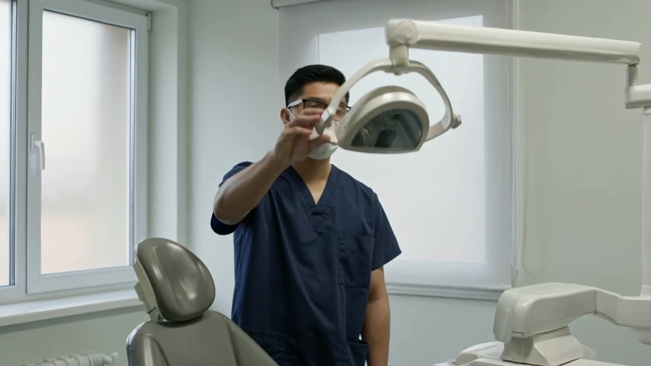 A dentist adjusts the exam light over a patient's chair.