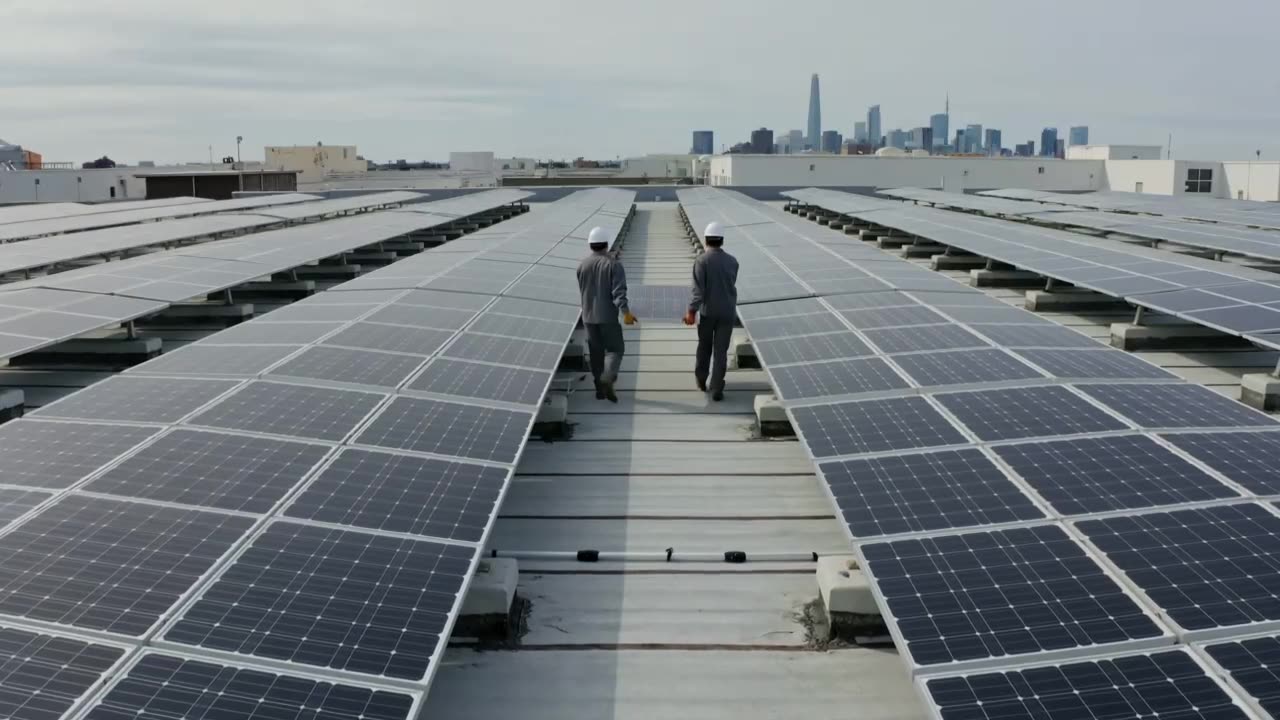 Two installers walk between rows of solar panels on a city rooftop.