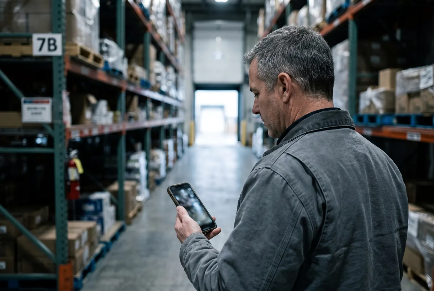 A warehouse manager watches a video on his phone in a quiet aisle.